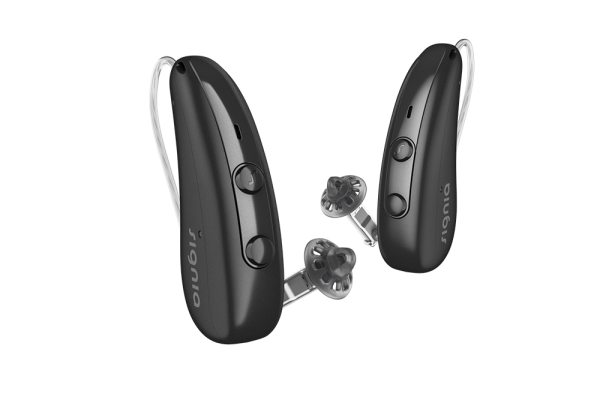Signia's Pure Charge&Go hearing aid in black.