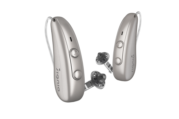 Signia's Pure Charge&Go hearing aid in champagne.