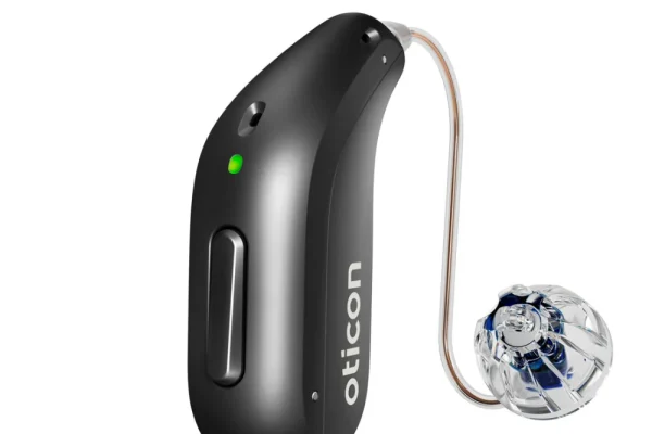 Oticon Intent Mini RITE hearing aid in diamond black.