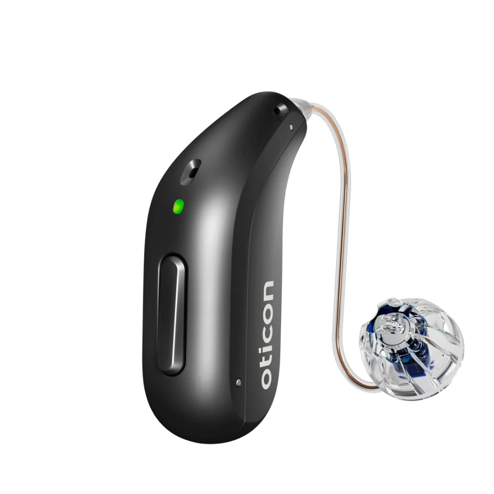 Oticon Intent Mini RITE hearing aid in diamond black.
