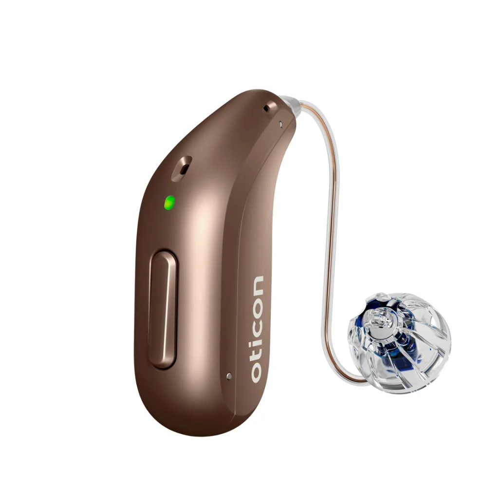Oticon Intent Mini RITE hearing aid in chestnut brown.