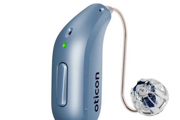 Oticon Intent Mini RITE hearing aid in sky blue.