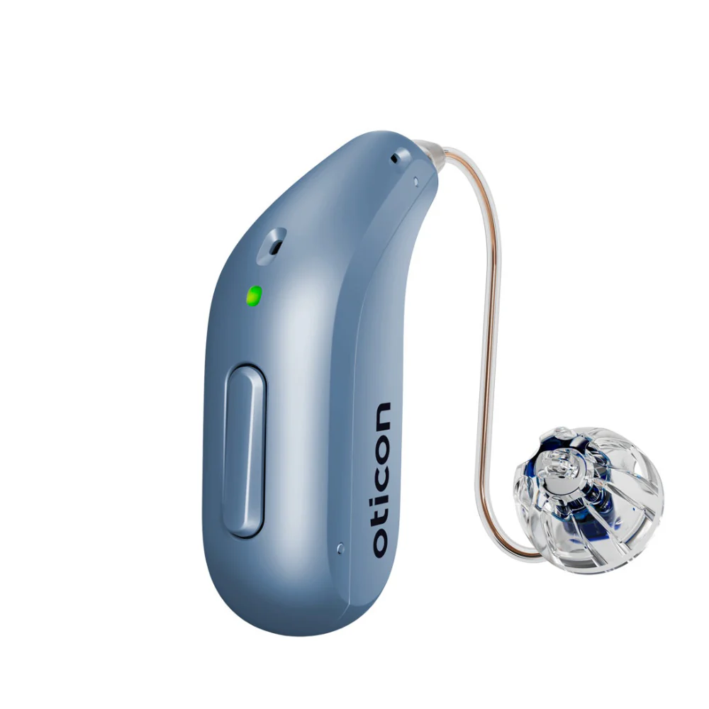 Oticon Intent Mini RITE hearing aid in sky blue.