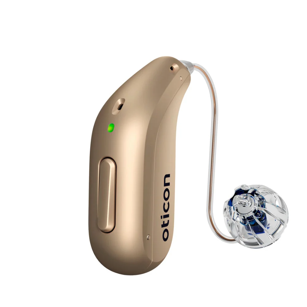 Oticon Intent Mini RITE hearing aid in honey beige.