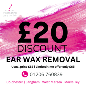 £20 discount on ear wax removal standalone appointments, valid until 31st May 2026. Terms & conditions apply.